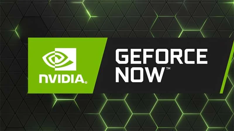 Nvidia GeForce Now logo on green geometric background.